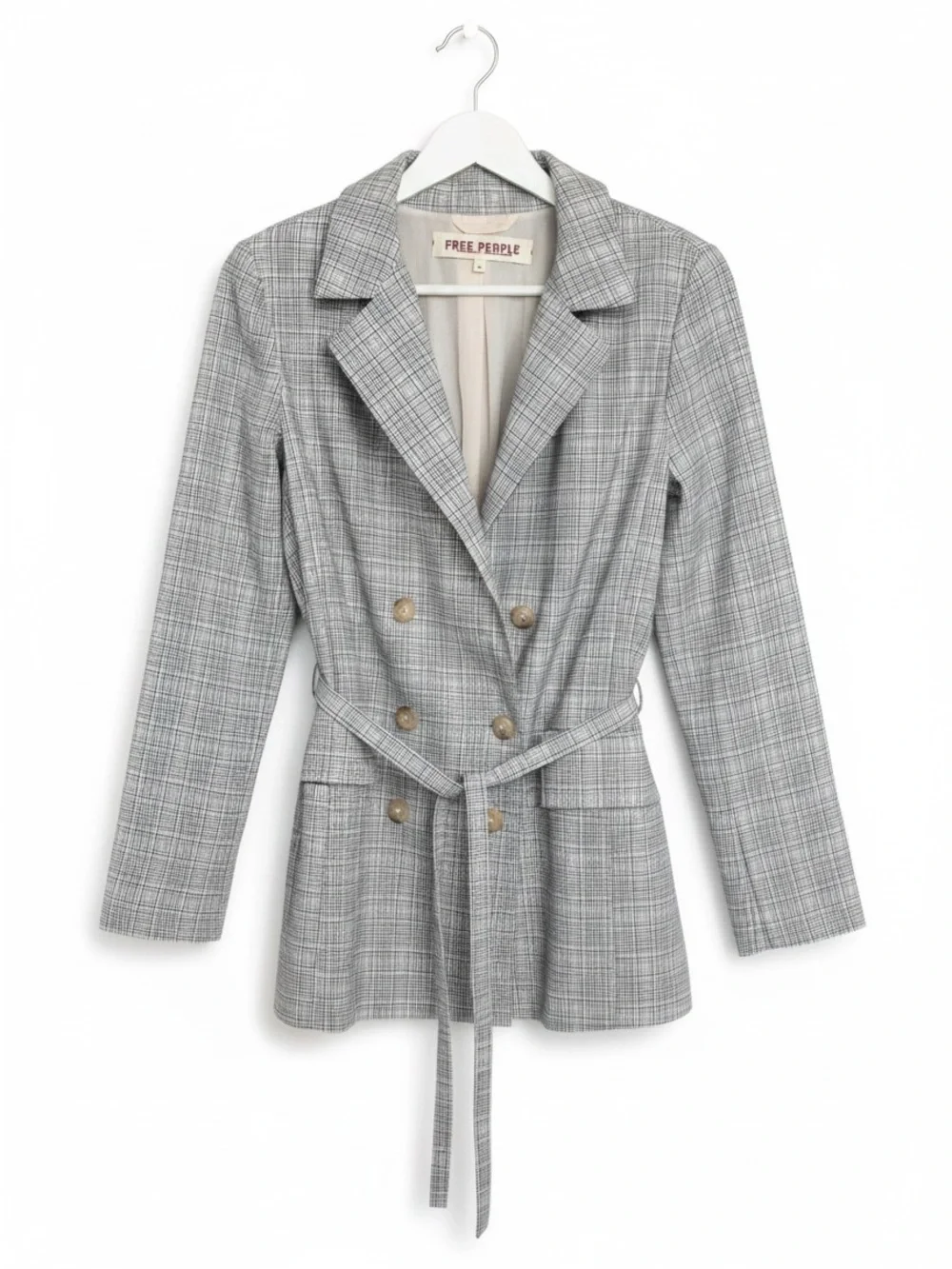 Free People Olivia Light Gray Plaid Double-Breasted Blazer | Relaxed Menswear